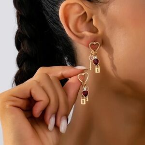 Minimalist Gold-Plated Hollow Heart Lock & Key Dangle Earrings for Women ❤️🗝️